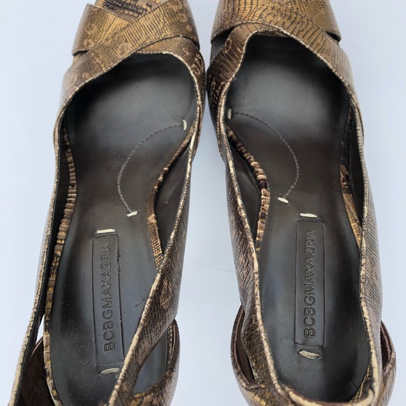 BCBGMaxAzria gold/brown wooden peep toe heels 10 - Picture 7 of 8
